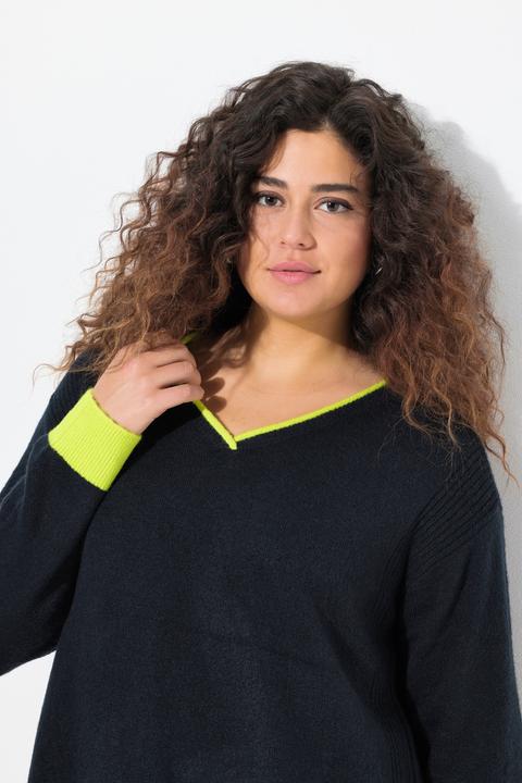 Immagine prodotto Ulla Popken Maglione con orli fluo, scollo a V e maniche lunghe (50, 52)