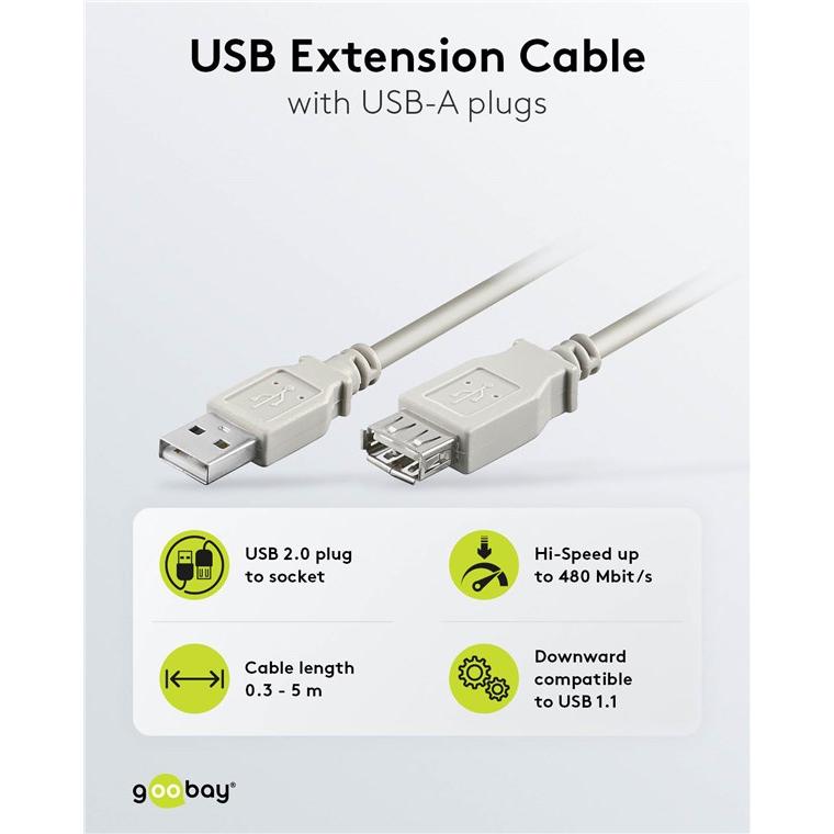 Thumbnail - Goobay USB 2.0 Hi-Speed Verlängerungskabel, Grau, 0.3 m (0.30 m, USB 2.0), USB Kabel
