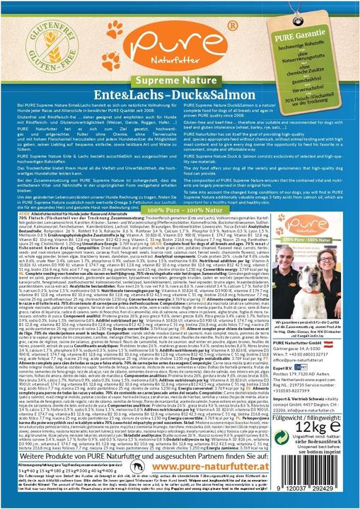 Valori nutrizionali e ingredienti Pure Naturfutter Cibo secco Supreme Duck & Salmon (Senior, Adulto, Junior, 1 pz., 12000 g)