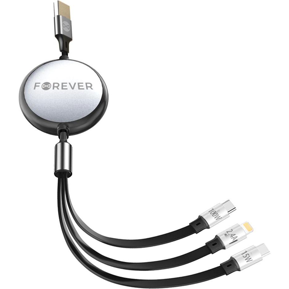 Forever 3in1 Kabel USB - Lightning + 2x USB-C 1,2 m 100W schwarz (1.20 m, USB 3.2 Gen 1), USB Kabel