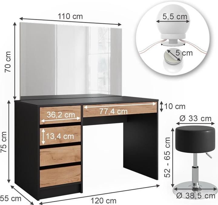 Actual product image Vicco Dressing table Sherry, Anthracite/golden oak, 120 x 75 cm with LED lighting and stool (120 x 75 x 55 cm)