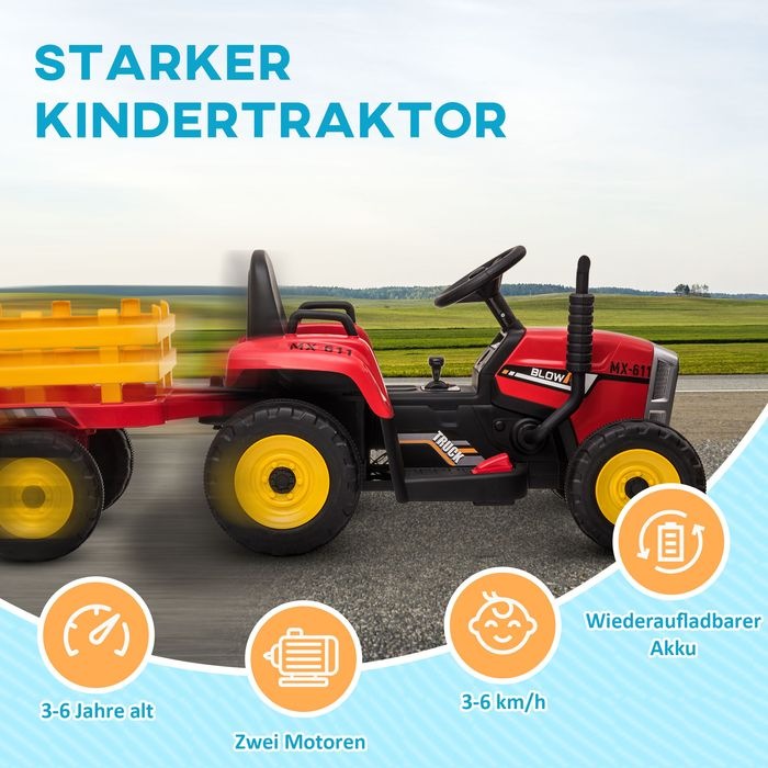 Produktbild Swisshandel24 Kinderelektro-Traktor mit Anhänger, Fernbedienung, MP3, Scheinwerfer, 3-6KM/H, Rot (12 V)