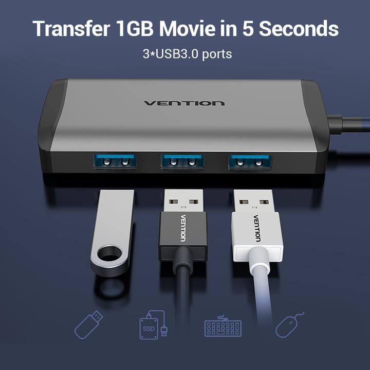 Actual product image Vention USB-C Docking Station to HDMI, 3x USB3.0, RJ45, PD 0.15m CNCHB, grey (USB-C, 5 Ports)