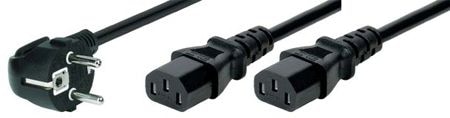Tecline Y-Netzanschlusskabel, Schukostecker abgewinkelt an 2x Kaltgerätebuchse, 1,8 m Netzkabel zum Anschlus (1.80 m)