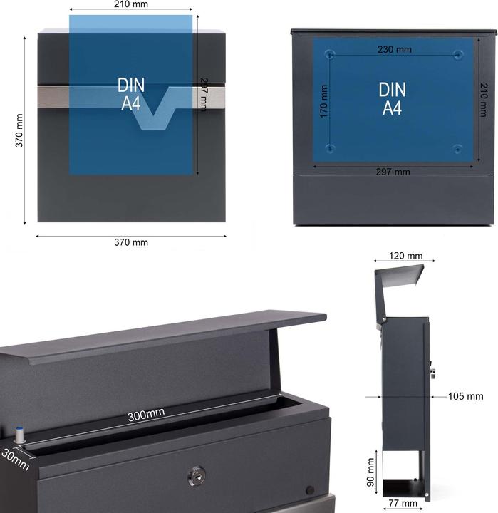 Produktbild XPOtool Briefkasten V60 Anthrazit 370x105x370mm Soft Close Zeitungsfach Stahl