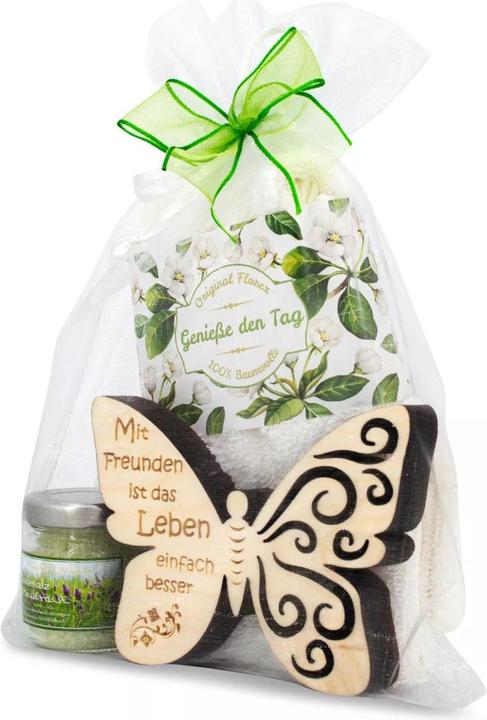 Immagine prodotto ZNatur Set regalo farfalla in legno di pino svizzero con incisione Con gli amici sali da bagno e (Set per la cura del corpo)