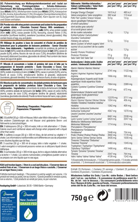 Valori nutrizionali e ingredienti Foodspring Proteine del siero di latte (Cocco al cioccolato, 1 pz., 750 g)