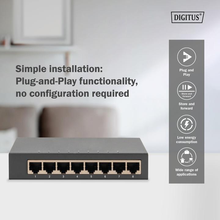 Produktbild Digitus 8-Port Gigabit Switch, Desktop, Unmanaged, Metallgehäuse (8 Ports)