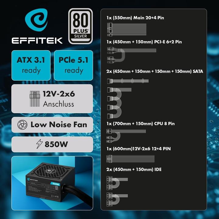 Produktbild Effitek Netzteil 850W Silver ATX 3.1, PCI 5.1 (850 W)