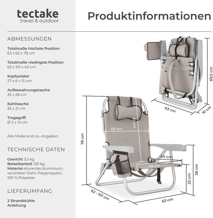 Image du produit tectake chaise de plage Coral, pliable avec fonction sac à dos
