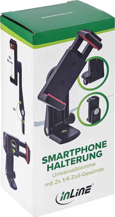 Immagine prodotto InLine ® Smartphone Halterung, 55–85mm, 1/4" Gewinde & Kaltschuh, schwarz
