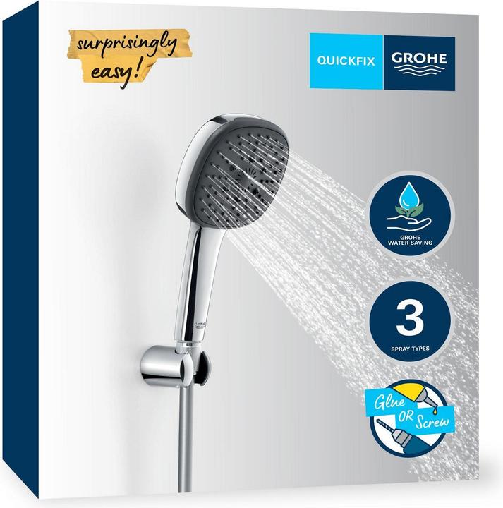 Produktbild Grohe Vitalio Comfort 110 QuickFix Wandhalterset, kleben oder bohren, wassersparend, 3 Strahlarten, chrom