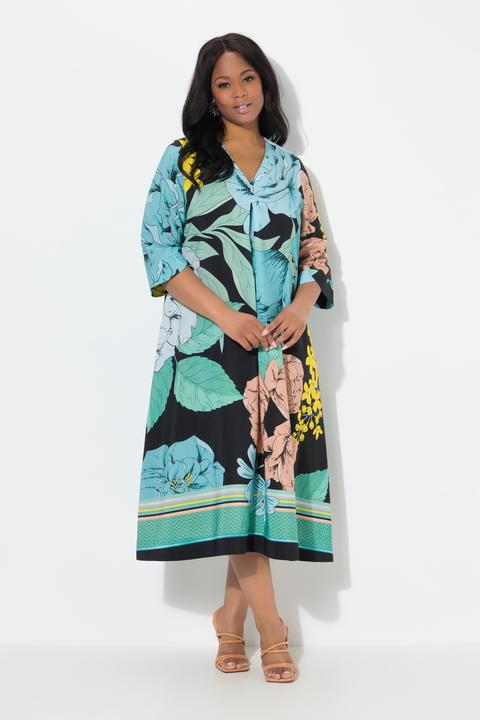 Produktbild Ulla Popken Lyocell-Midikleid, Blüten, A-Linie, V-Ausschnitt, 3/4-Arm (50, 52)