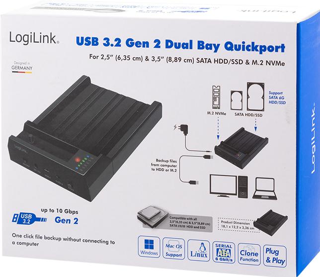 Image du produit LogiLink Quickport USB 3.2 Gen 2, 2 ports, pour SATA HDD/SSD et M.2 NVMe SSD (USB-C, 2 Ports)