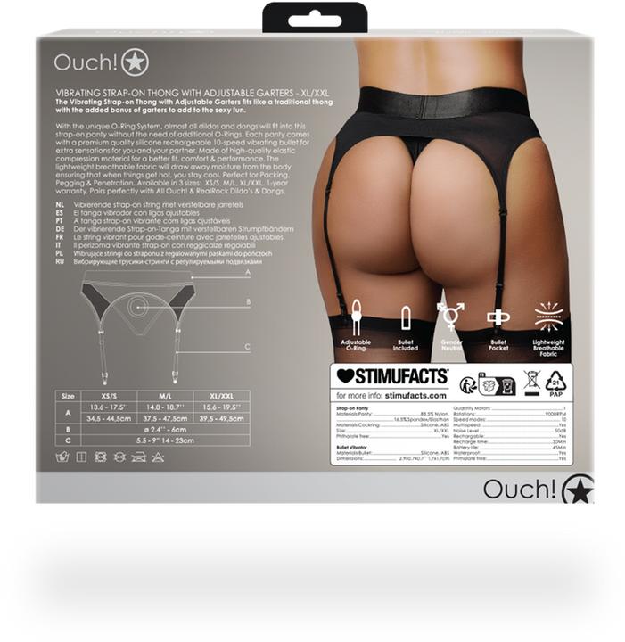 Productafbeelding Ouch! Vibrerende string, verstelbare kousenbanden - Zwart-XL/XXL