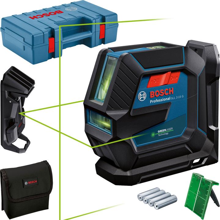 4 x 1,5 V-LR6-Batterie (AA), 1 x Laserzieltafel, 1 x Tasche, 1 x Handwerkerkoffer, 1 x Universalhalter LB 10 und Deckenklemme DK 10 Professional