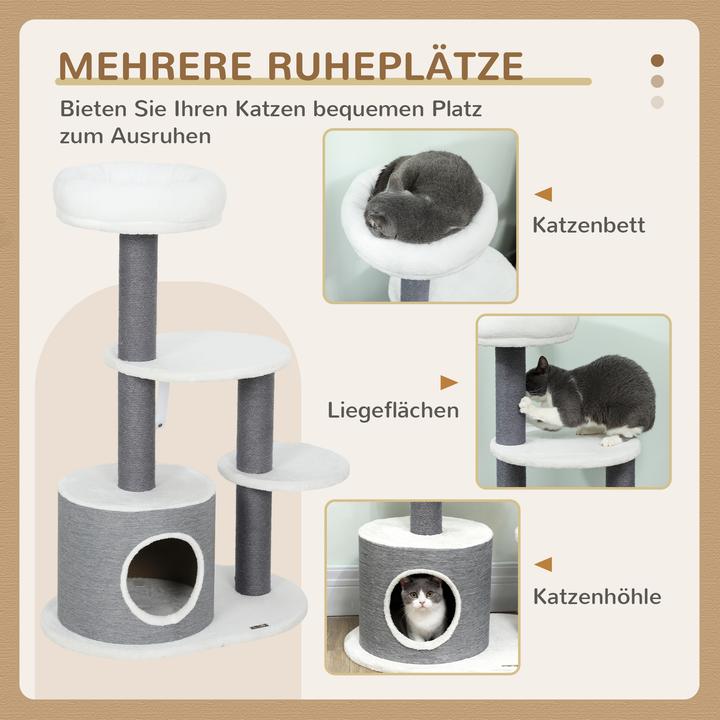 Produktbild PawHut Kratzbaum Spanplatte, Plüsch Grau (98 cm, Grau, Weiss)