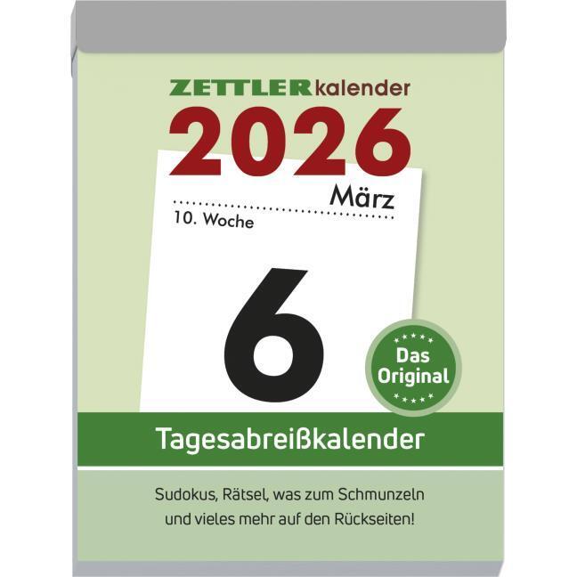 Image du produit Tagesabreisskalender XL 2026 - 8,2x10,7 cm - 1 Tag auf 1 Seite - mit Sudokus, Rezepten, Rätseln uvm. (Couverture rigide, Allemand)