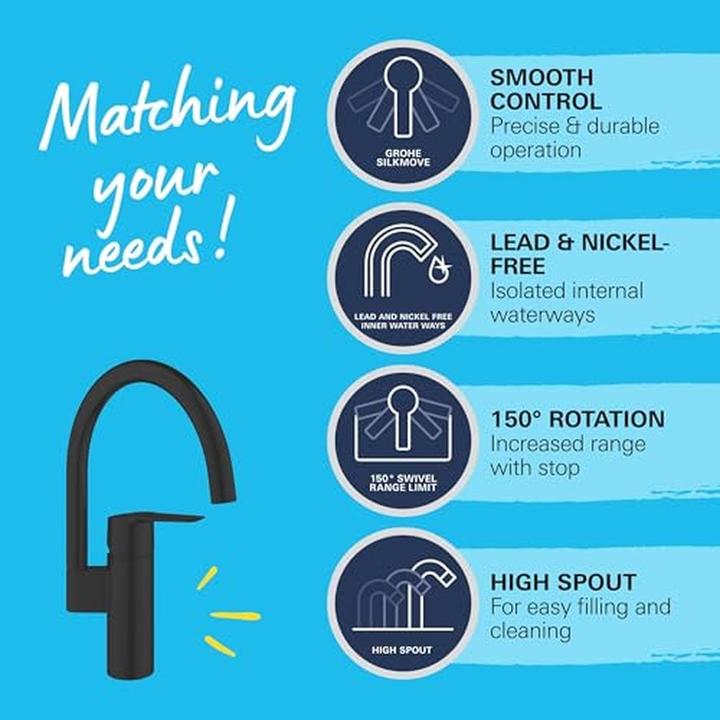 Produktbild Grohe Start QuickFix Küchenarmatur, hoher Auslauf, einfache Installation, schwenkbar, mattschwarz