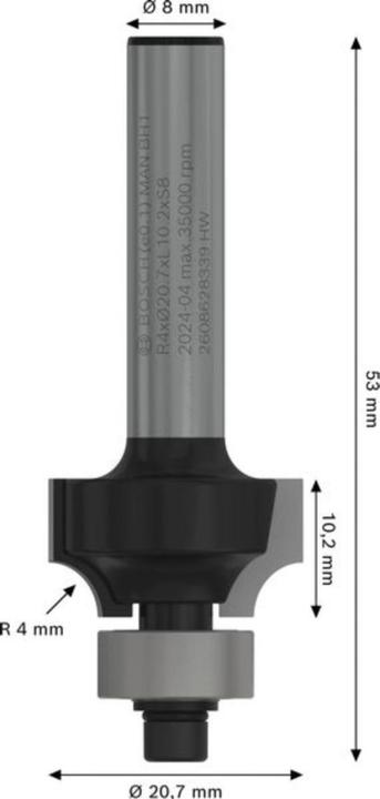Produktbild Bosch Professional Zubehör Abrundfräser, 8 mm, R1 4 mm, L 10,5 mm, G 53 mm