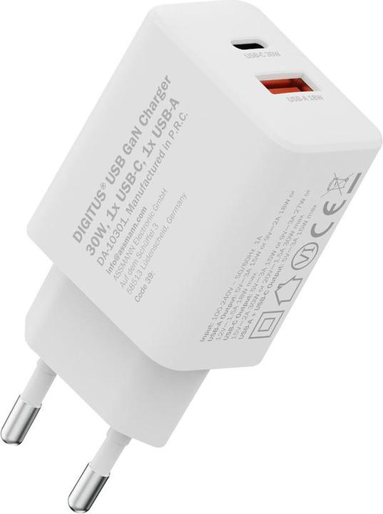 Productafbeelding Digitus USB GaN Charger 30W, 1x USB-C, 1x USB-A (30 W, 2 ports)