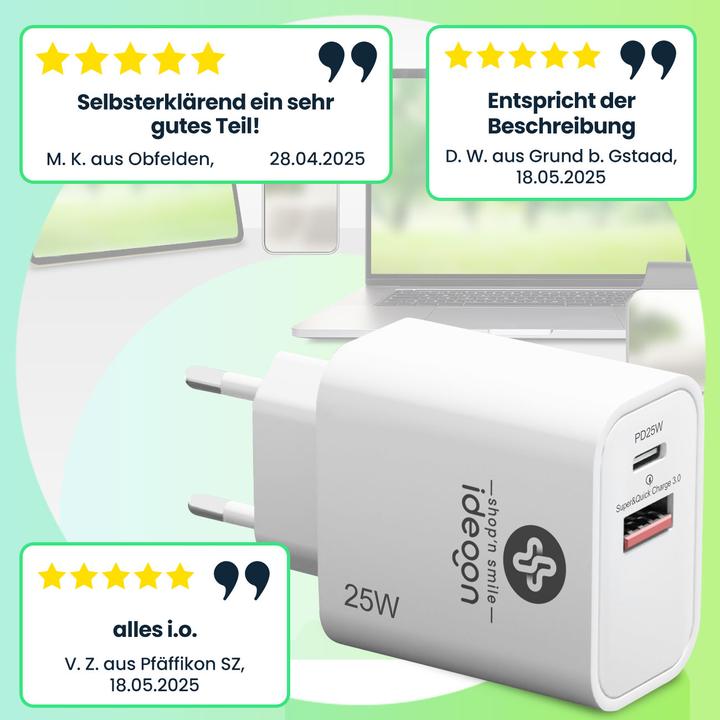 Image du produit Ideoon Dual 25Watt USB Ladegerät, 1x USB-C und USB-A, PD- & QC-Netzteil, weiss (25 W, 2 ports)