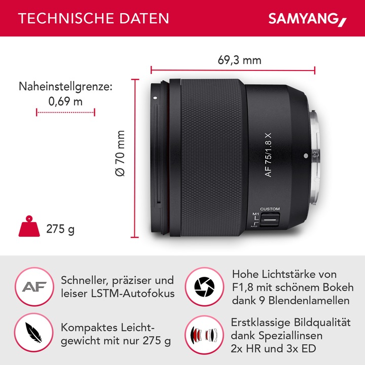 Productafbeelding Samyang AF 75mm F1.8 voor Fuji X (Fujifilm X, APS-C / DX)