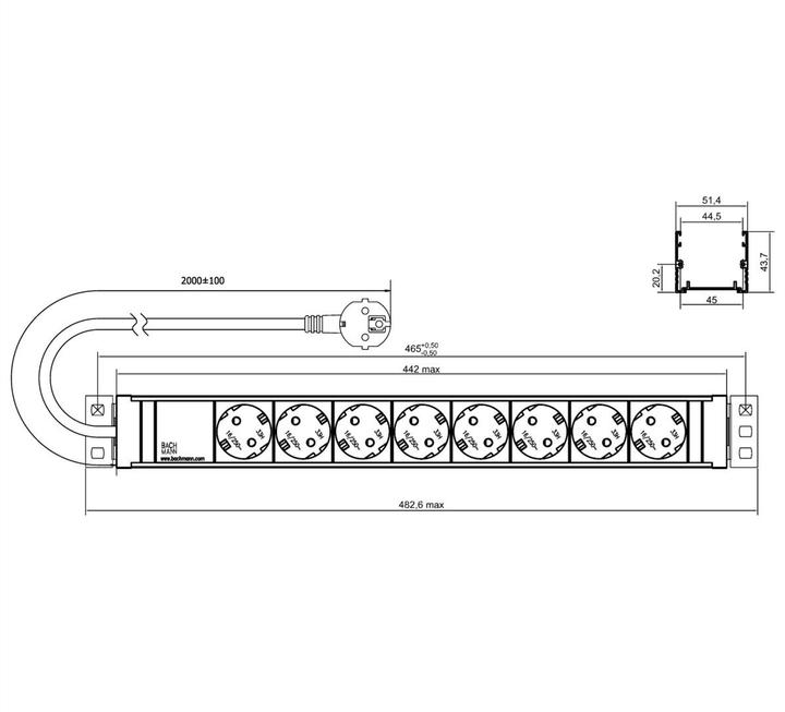 Image du produit Bachmann Rallonge (rack (8x, CEE 7/3, CEE 7/4, CEE 7/7, 2 m)