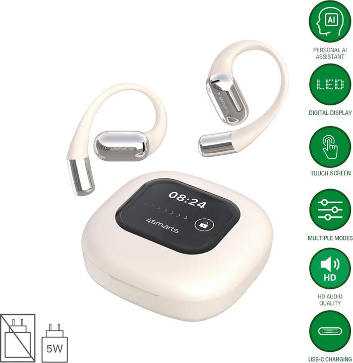 Produktbild 4smarts Open-Ear Bluetooth Kopfhörer SkyBuds AI Screen, Beige (Keine Geräuschunterdrückung, 4 h, Kabellos)