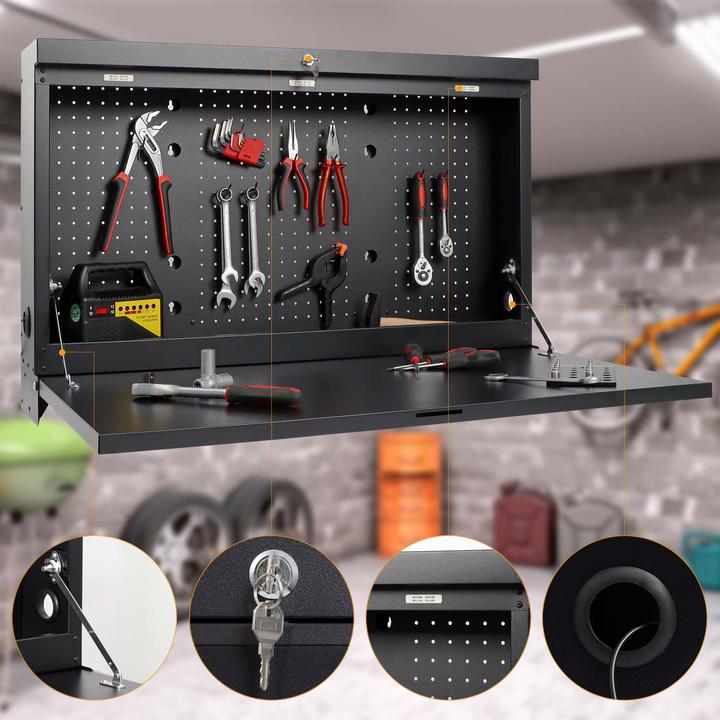 Image du produit Wiltec Établi mural pliant 912x200x610mm 50kg max Acier Verrouillable Accrochage (69 cm, 91.20 cm)