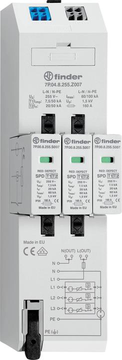Finder 7P.04.8.255.Z007 Combination arrestor type 1+2 for three-phase TN-S and TT systems