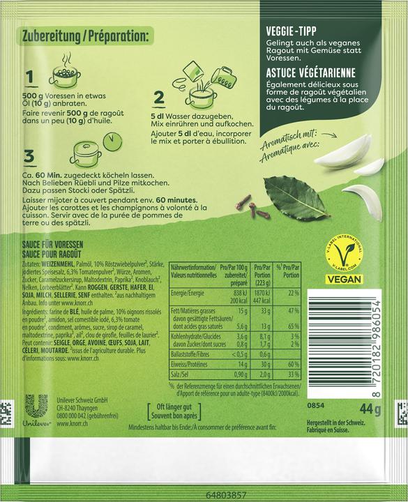 Valeurs nutritives et ingrédients Knorr Mix pour Ragoût sachet 3 portions (49 g)