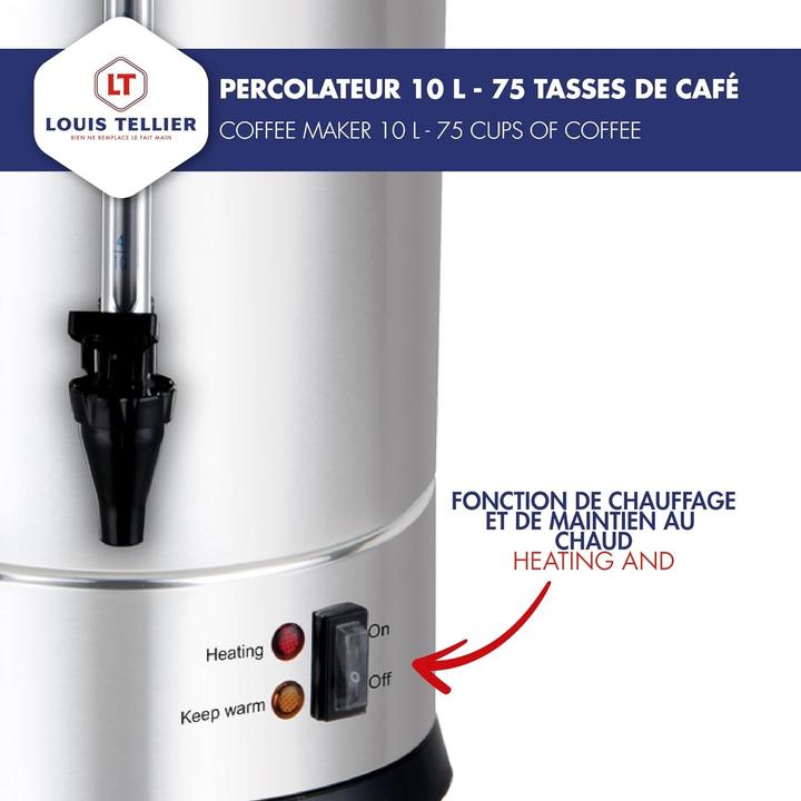 Actual product image Louis Tellier Professional Stainless Steel Percolator 10L Capacity 75 Cups Drainer Tap