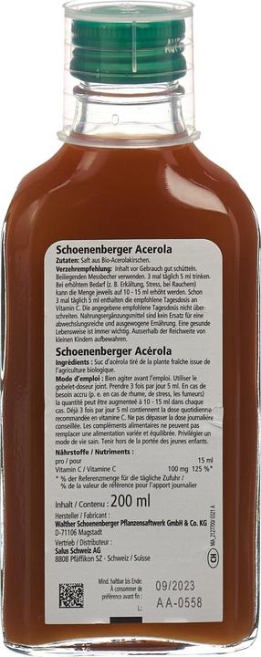 Nährwerte und Zutaten Schönenberger Acerola (1 Stück, Flüssigkeit, 434 g)