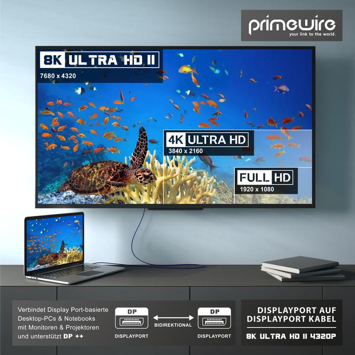 Produktbild Primewire DisplayPort Kabel, 8K Premium DP 1.4 Monitor Kabel, 8k 7680x4320 @ 60 Hz / 4k 3840 x 2160 120Hz (1 m, DisplayPort)