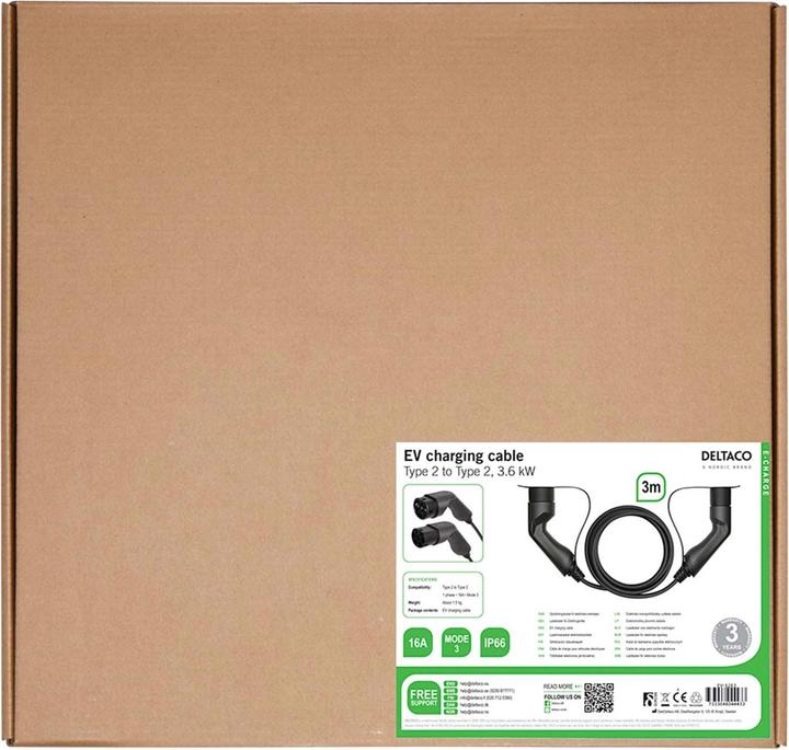 Immagine prodotto Deltaco Cavo di ricarica EV, e-car & ibrido, da Tipo2 a Tipo2, 16 A, 3,6 kW, monofase (Tipo 2, 3.60 kW, 16 A, 3 m)