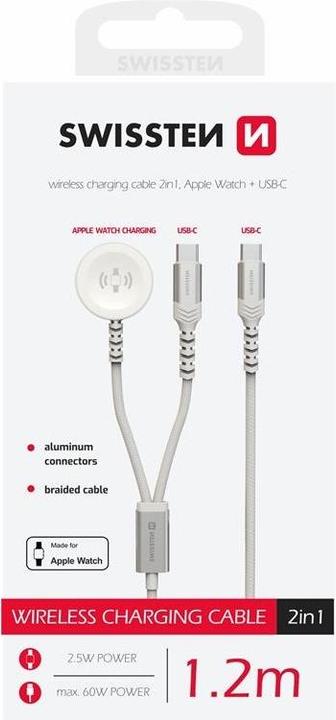Produktbild Swissten Wireless Charger 2In1 For Apple Watch And USB-C, USB-C 1.2 M White (60 W)