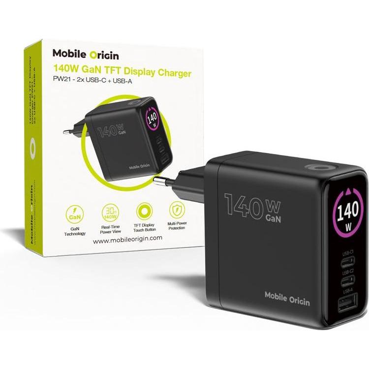 Mobile Origin Caricabatterie per display GaN 140W PW21 - 2x USB-C + USB-A (140 W, 3 porte), Caricatore USB