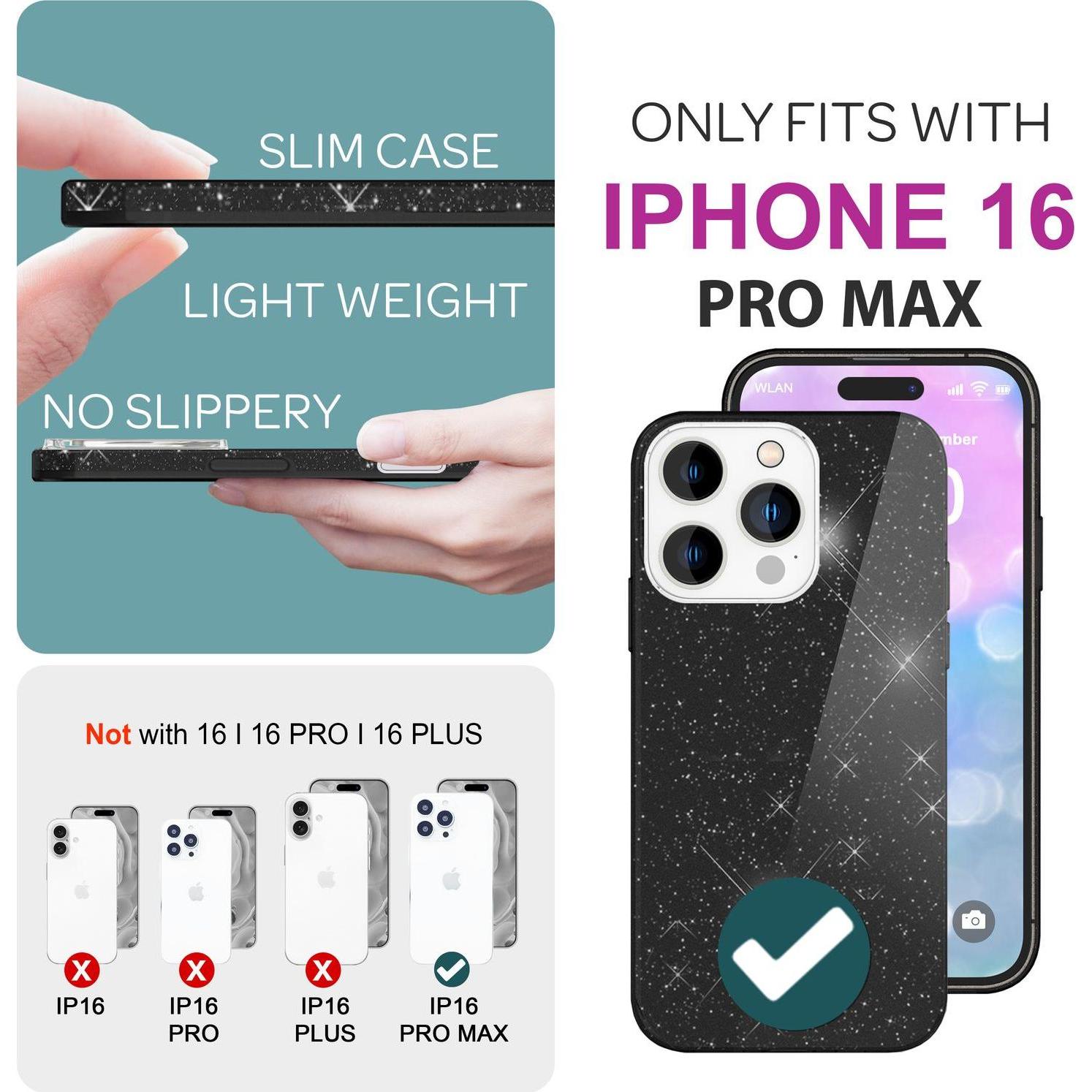 Thumbnail - Nalia Glitzer Hybrid Hülle (Apple iPhone 16 Pro Max), Smartphone Hülle, Schwarz