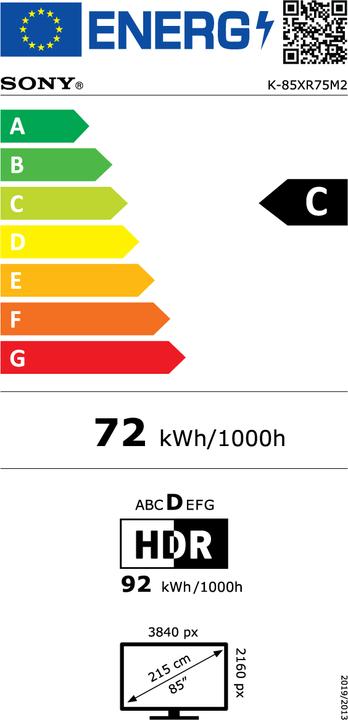 Label énergétique Sony K85XR75M2PB (85", Bravia 7 II, True RGB, 4K, 2026)