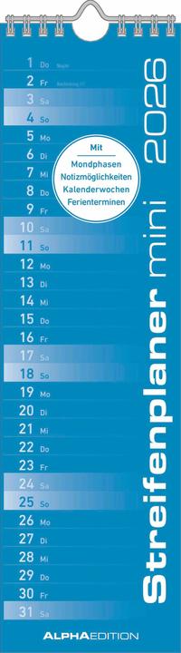 Nährwerte und Zutaten Alpha Edition Streifenplaner Mini BLAU 2026 - Streifenkalender - Wandplaner - Kchen-Kalender - 9,5x33 (Deutsch)