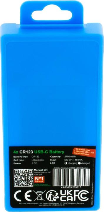 Productafbeelding Patona Premium oplaadbare batterij 4x CR123 USB-C (4 Pcs., RCR123A, 800 mAh)