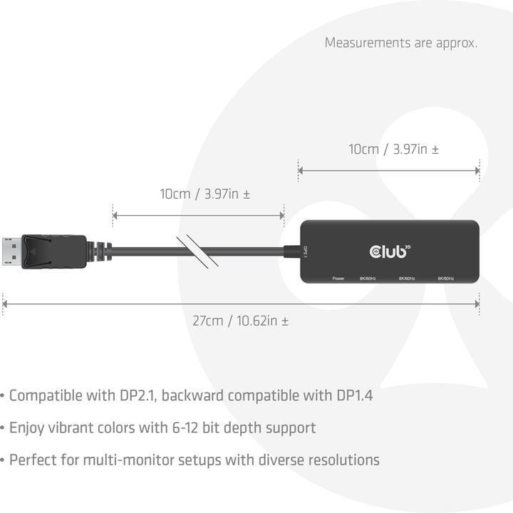 Produktbild Club 3D Club3D Adapter DisplayPort 2.1 > 3x HDMI 2.1 8K60Hz retail (HDMI, 14 cm)
