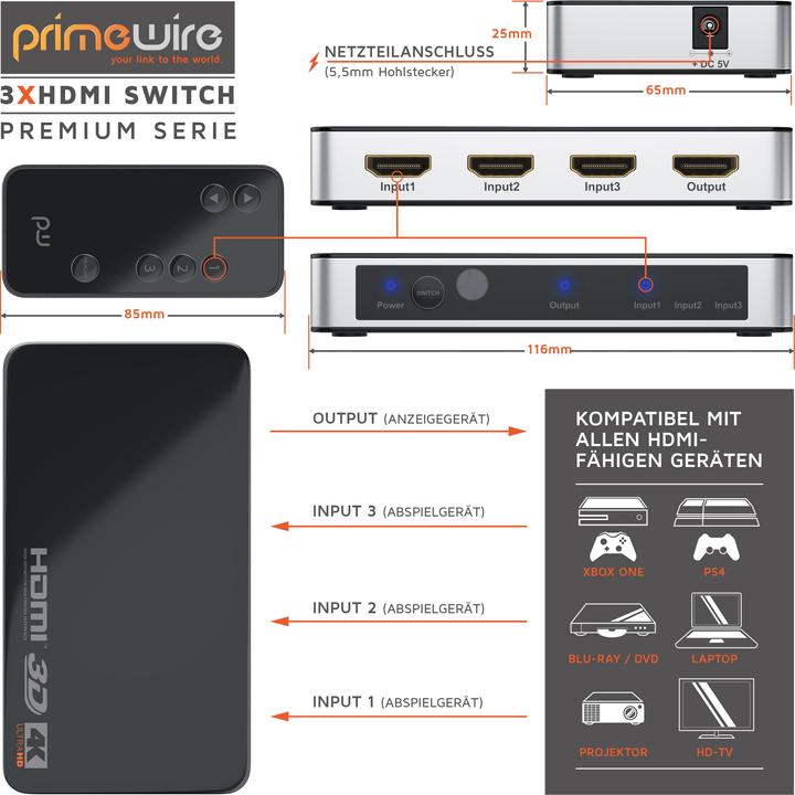 Actual product image Primewire HDMI Switch 4k Ultra HD, 3 Port, Distributor with Remote Control, 4K, 3D, CEC, ARC