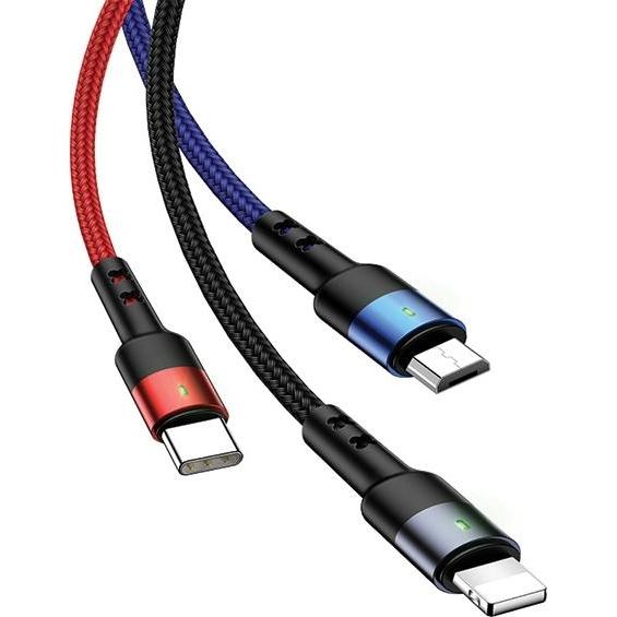 Thumbnail - Usams Cable USB-A - USB-C, microUSB, Lightning 0.35 m Black (63751-uniw) (0.35 m, USB 3.0), USB Kabel