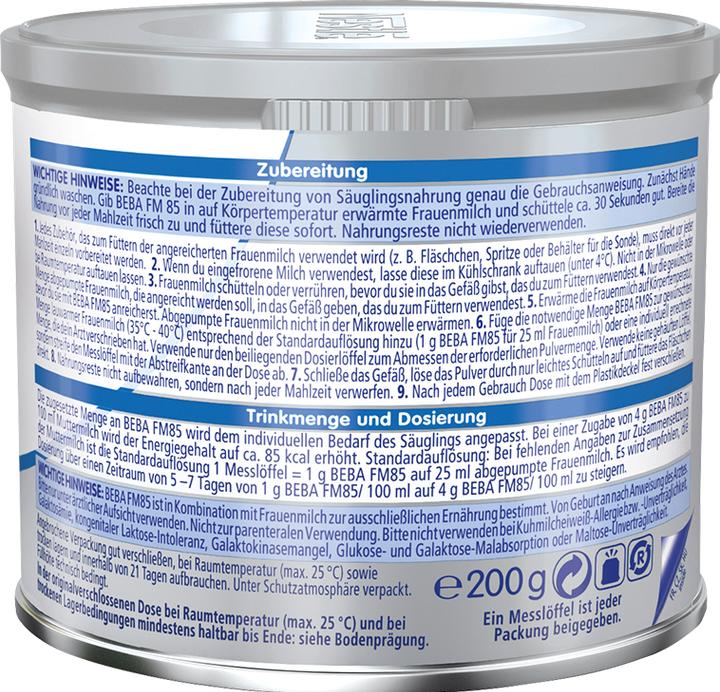 Valeurs nutritives et ingrédients Beba Fm 85 (200 g, dès la naissance)