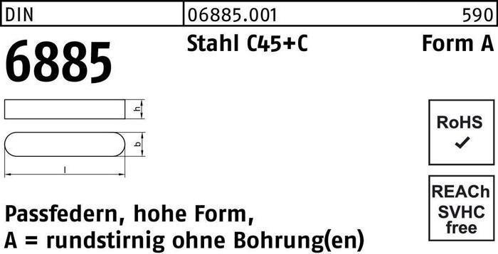 Produktbild Passfeder DIN 6885 Form A rundstirnig/o.Bohrung A 18 x 11 x 63 Stahl C45+C
