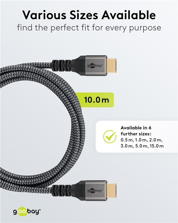 Actual product image Goobay High-speed HDMI cable with Ethernet, 10 m, Sharkskin Grey (10 m, HDMI)