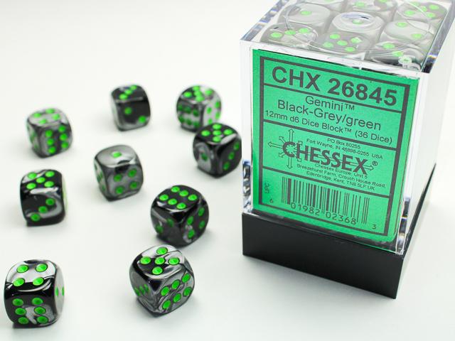 Actual product image Chessex Gemini® 12mm d6 Black-Grey/green Dice Block (36 dice)