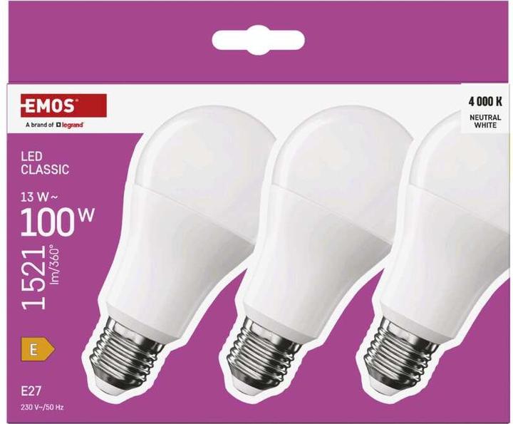 Actual product image Emos LED lamp Classic A60 / E27 / 13 W (100 W) / 1521 lm / Neutral white (E27, 13 W, 1521 lm, 3 x, E)